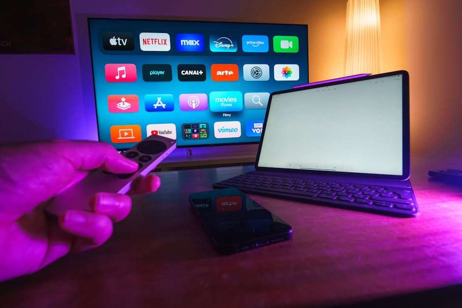 Streaming services displayed on smart TV, tablet, and smartphone