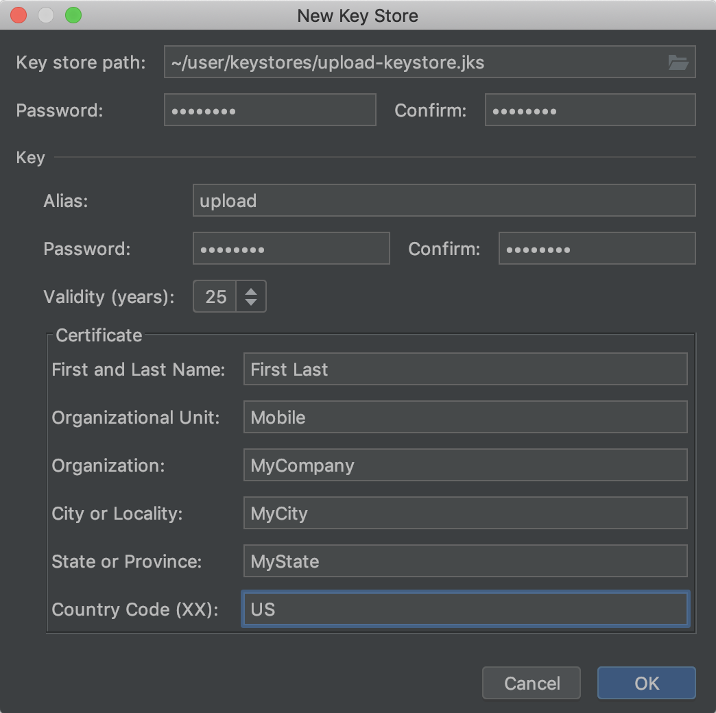 Android Studio keystore wizard for generating signing keys