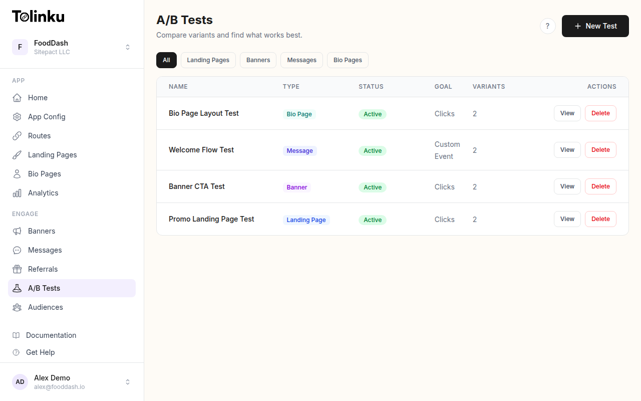 Tolinku A/B testing dashboard for smart banners