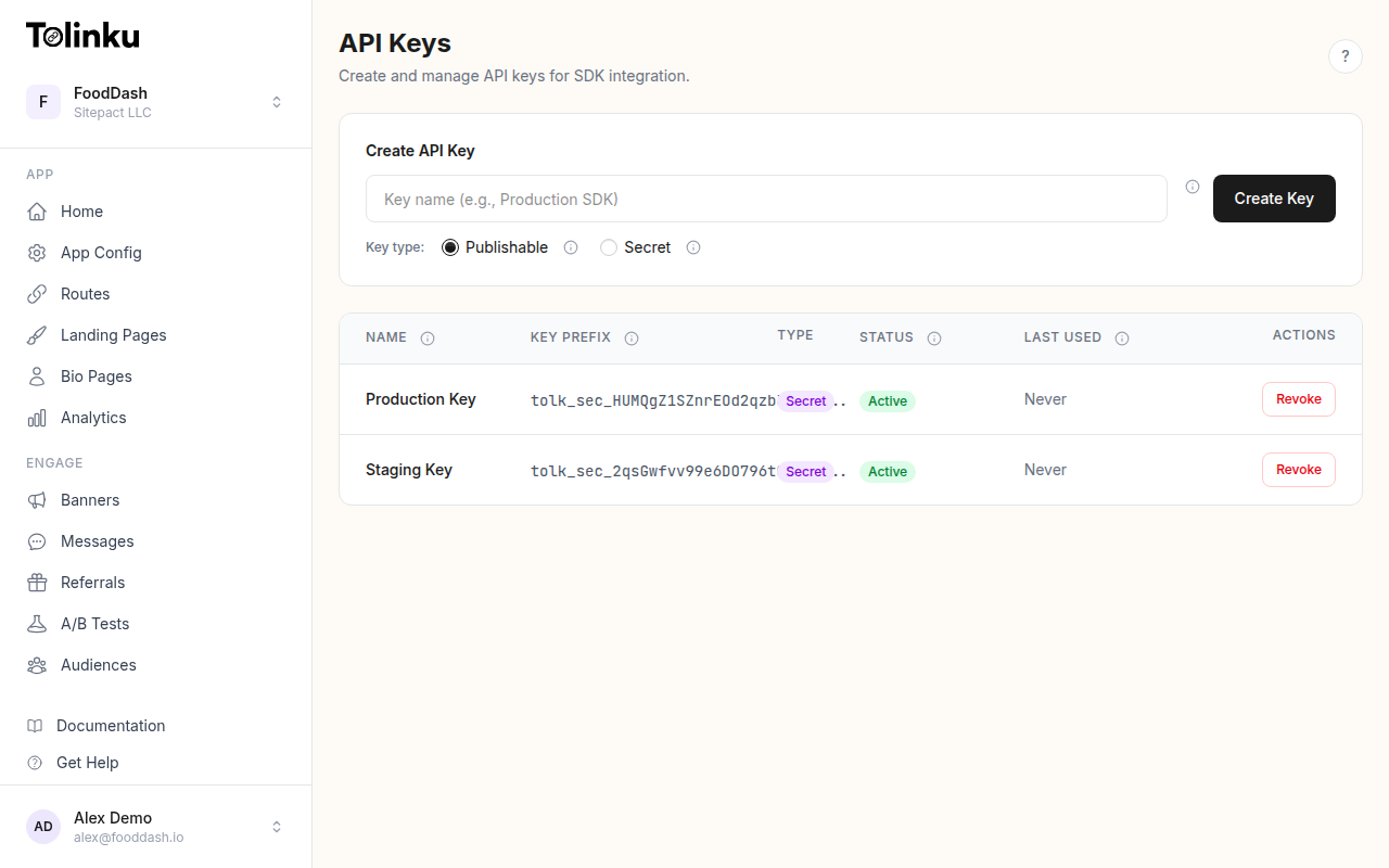 Tolinku API key management for SDK integration