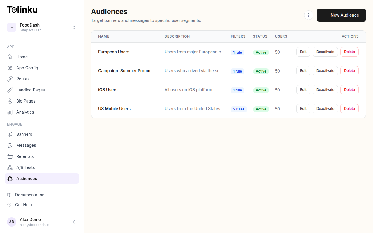 Tolinku audience segmentation for targeted banner delivery