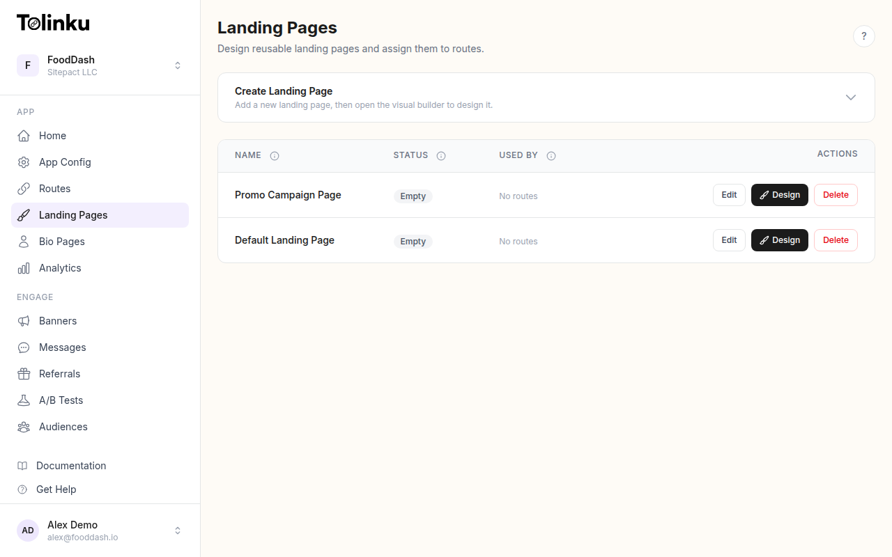 Tolinku landing page builder for app link fallback pages