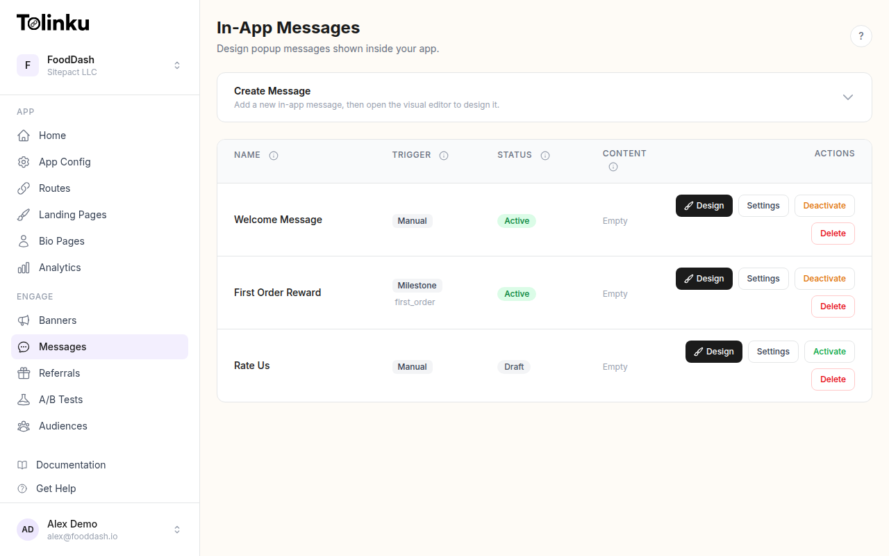Tolinku in-app messaging configuration dashboard