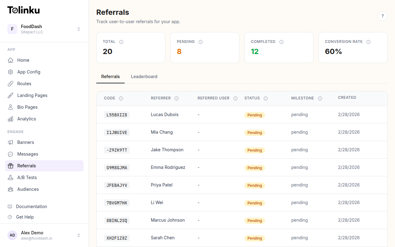 Tolinku referral program dashboard with analytics