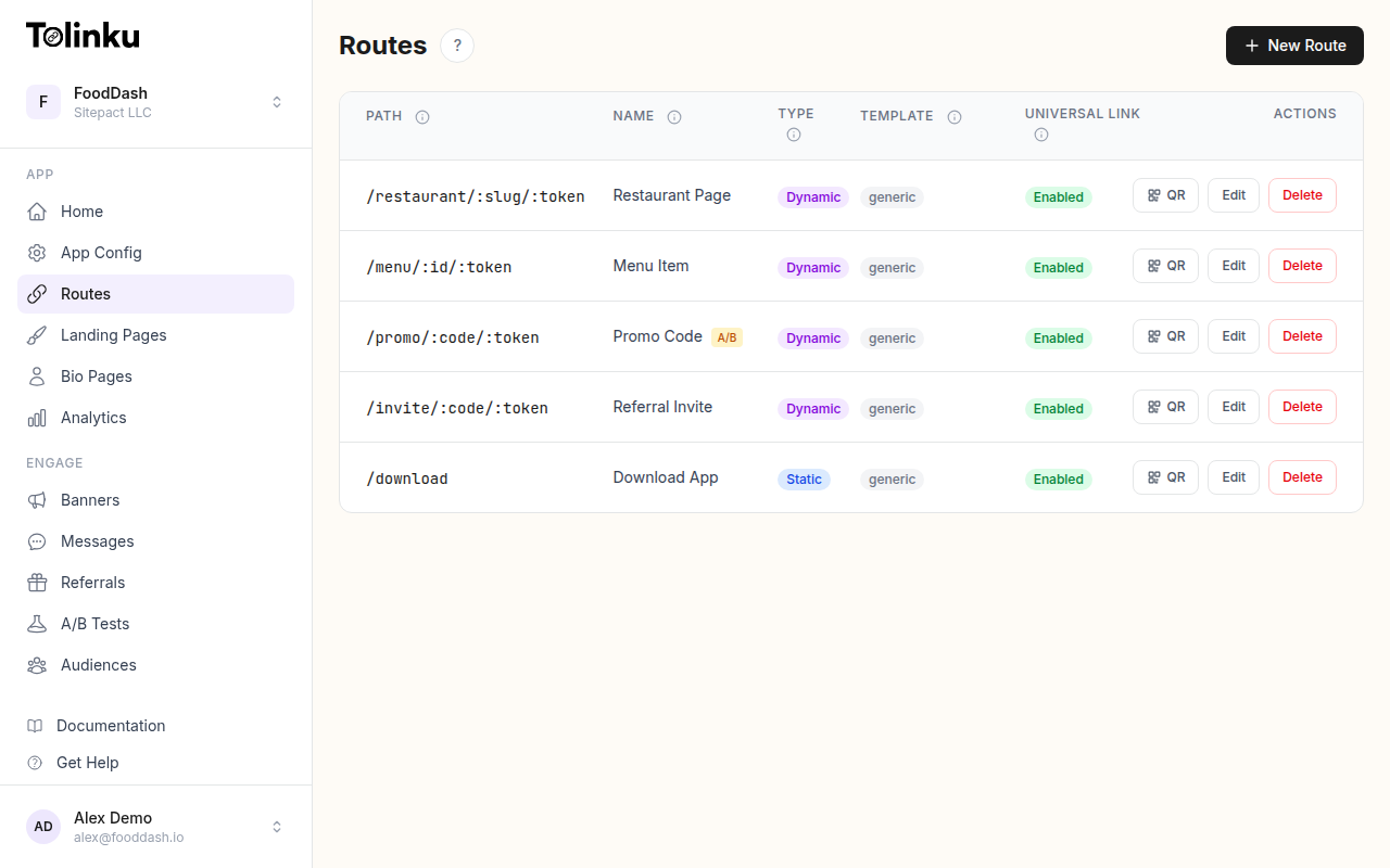 Tolinku dashboard showing route configuration for deep links