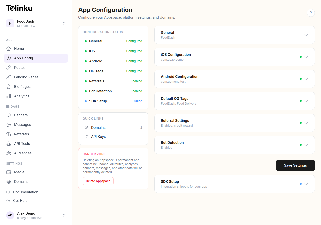 Tolinku Appspace configuration page showing iOS and Android setup