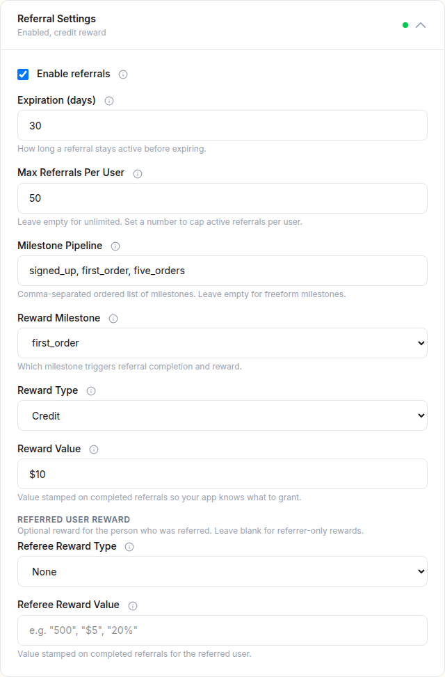 Tolinku referral program configuration with milestones and reward settings