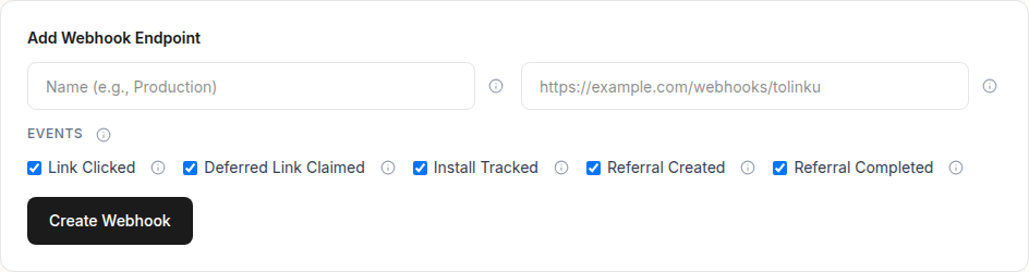 Tolinku webhook creation form with name, URL, and event checkboxes