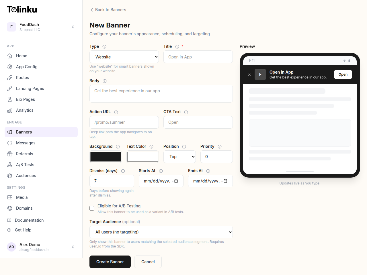 Tolinku smart banner creation form with preview