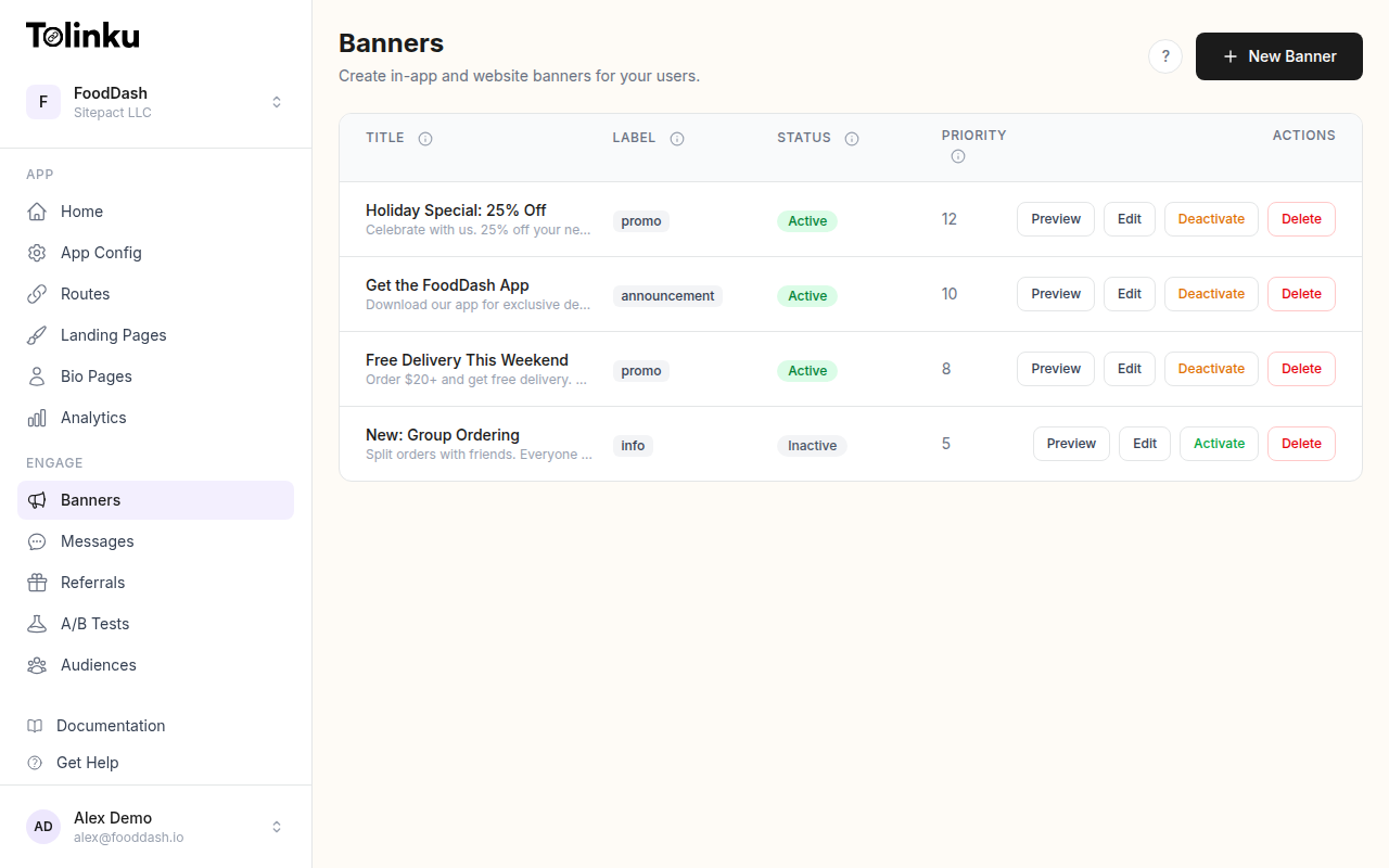Tolinku smart banner configuration in the dashboard