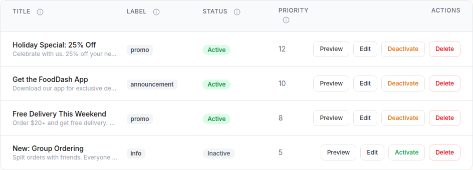 Tolinku smart banners list with status, segment, and scheduling info