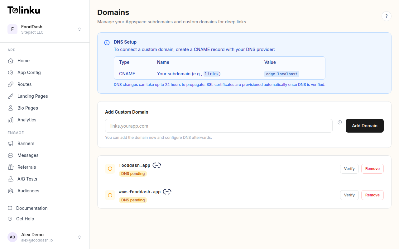 Tolinku custom domain configuration for deep links