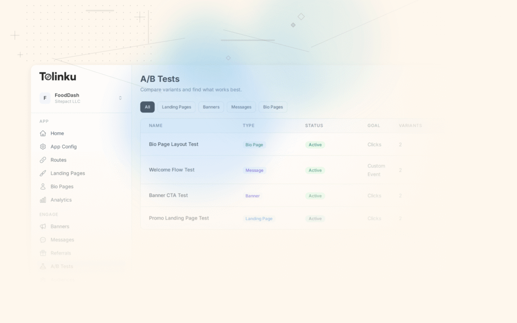 Tolinku ab testing optimization dashboard screenshot for growth blog posts