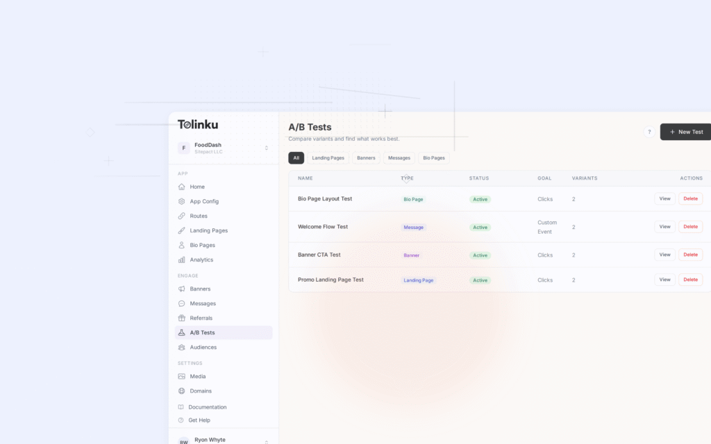 Tolinku ab testing optimization dashboard screenshot for growth blog posts