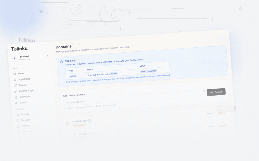 Tolinku app links dashboard screenshot for android blog posts