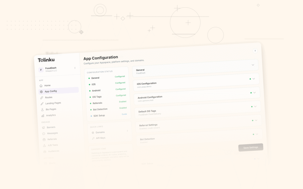 Tolinku app links dashboard screenshot for android blog posts