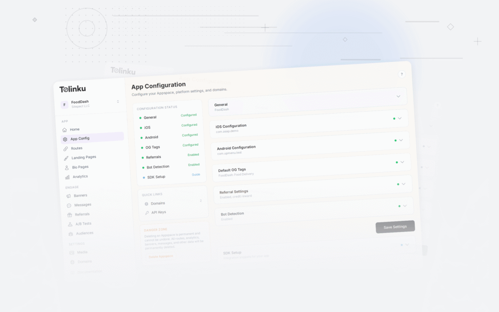 Tolinku deep linking fundamentals dashboard screenshot for deep linking blog posts