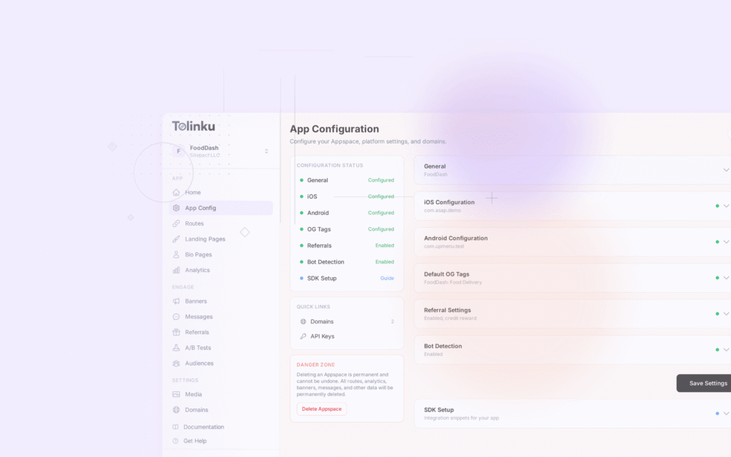 Tolinku deep linking fundamentals dashboard screenshot for deep linking blog posts