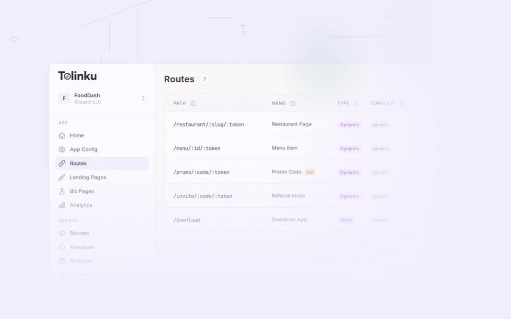 Tolinku deferred deep linking dashboard screenshot for deep linking blog posts