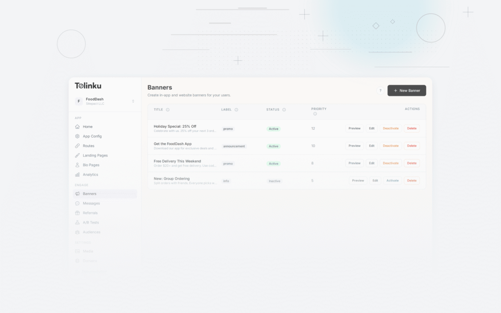 Tolinku smart banners dashboard screenshot for marketing blog posts