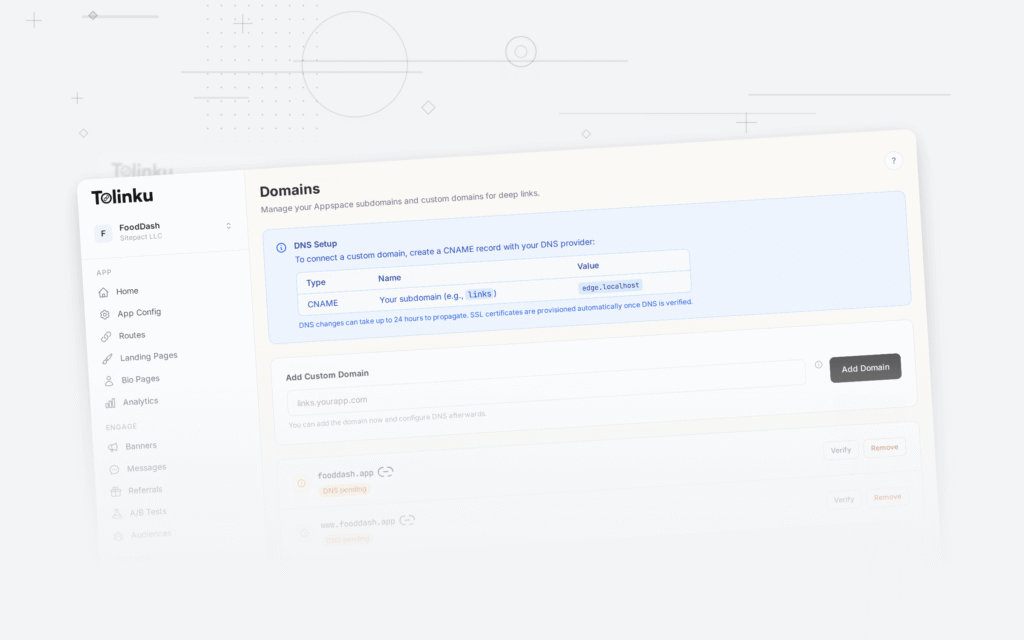 Tolinku universal links dashboard screenshot for ios blog posts