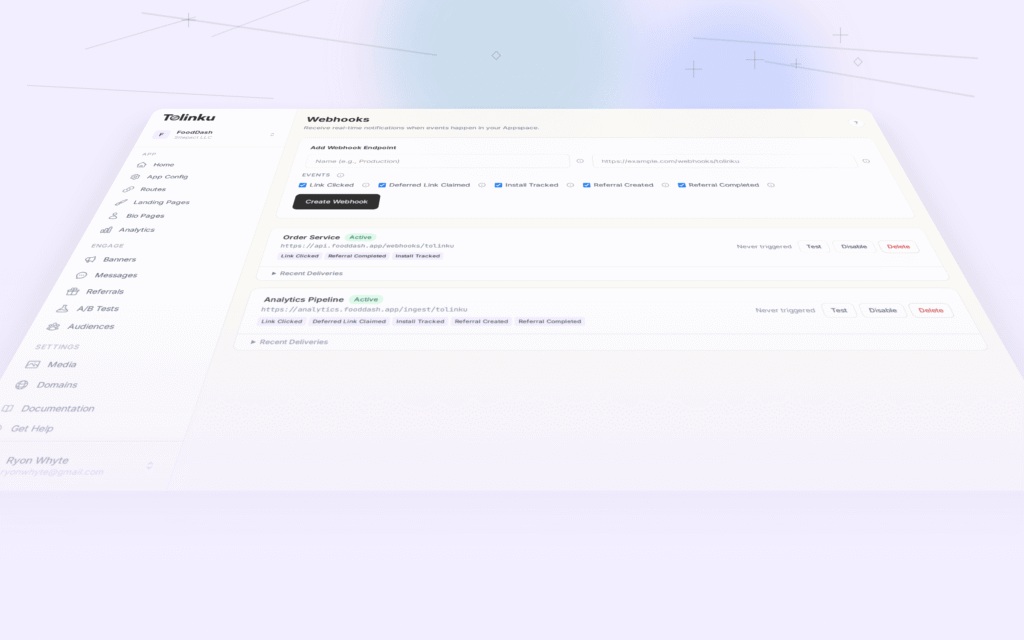 Tolinku webhooks integrations dashboard screenshot for engineering blog posts