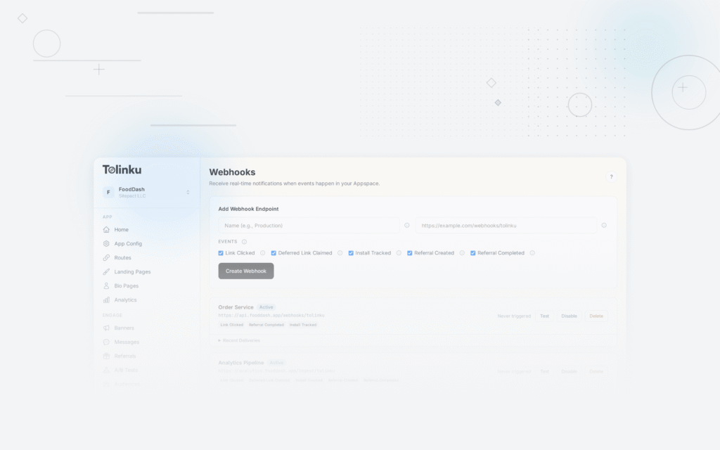 Tolinku webhooks integrations dashboard screenshot for engineering blog posts