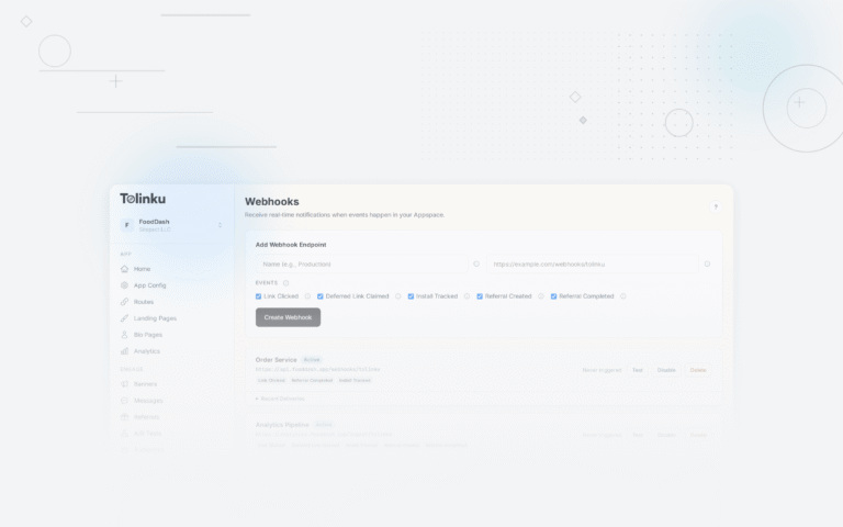 Tolinku webhooks integrations dashboard screenshot for engineering blog posts