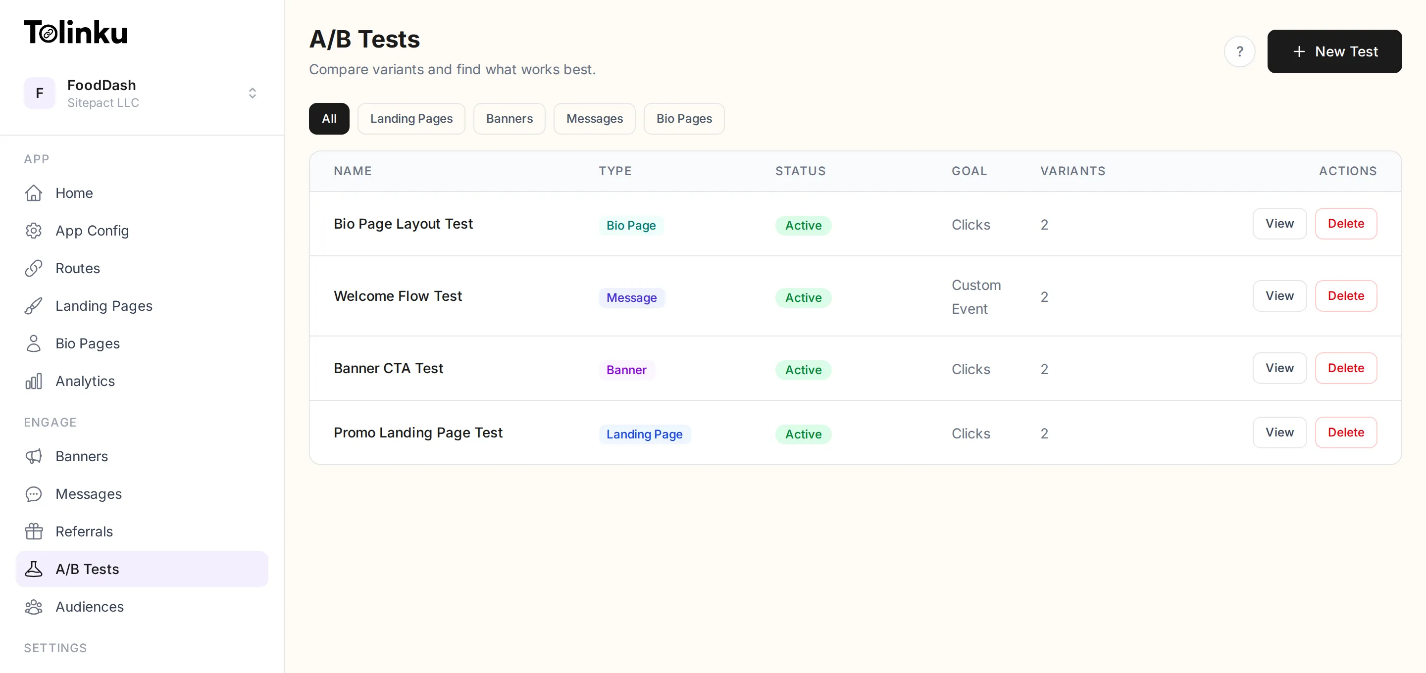 A/B Tests list showing four active tests across different types (Bio Page, Message, Banner, Landing Page) with filter tabs and variant counts
