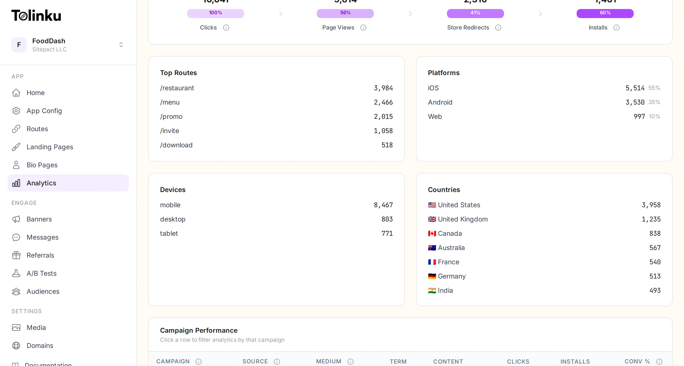 Analytics breakdown charts showing top routes, platform split (iOS, Android, Web), device types, and top countries with flags