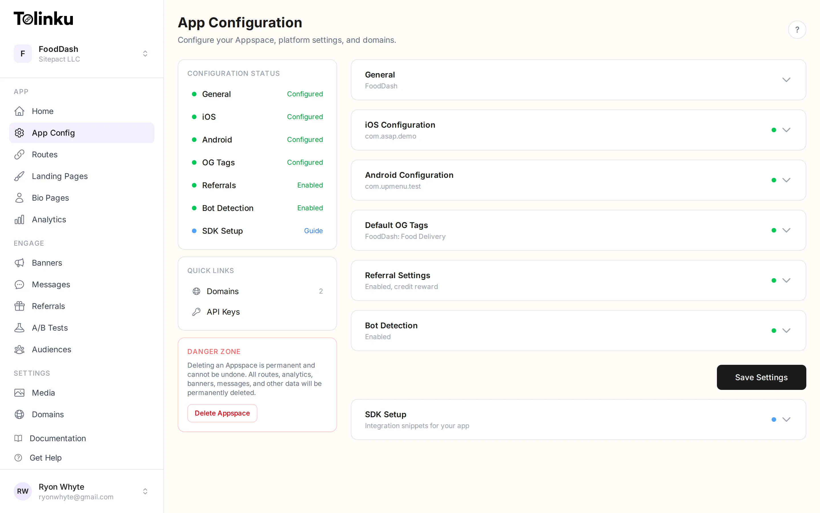 App Configuration page showing configuration status panel with collapsible sections for General, iOS, Android, OG Tags, Referrals, Bot Detection, and SDK Setup