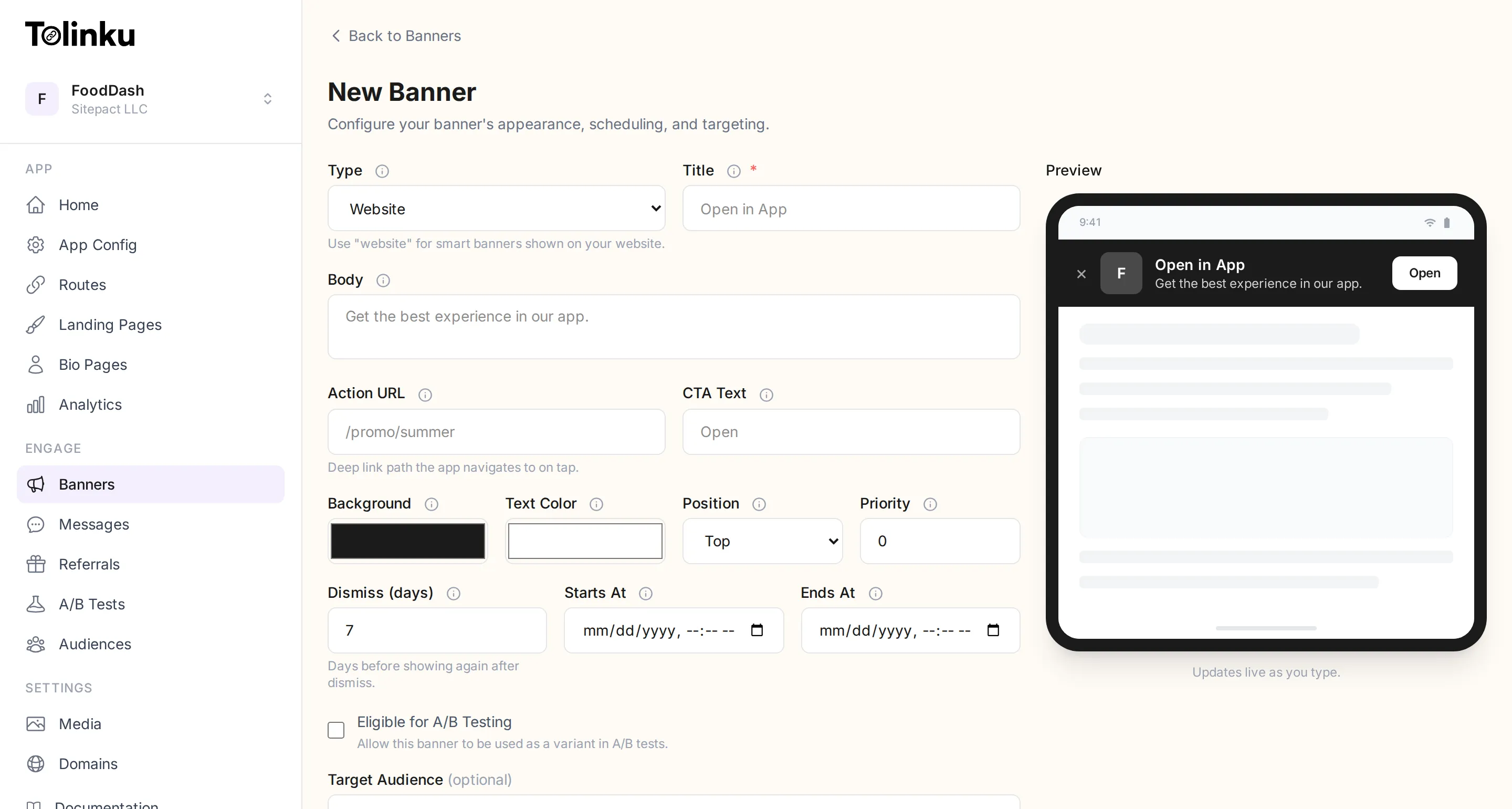 Banner creation form showing title, body, action URL, CTA text, color pickers, position, priority, scheduling fields, and a live phone preview