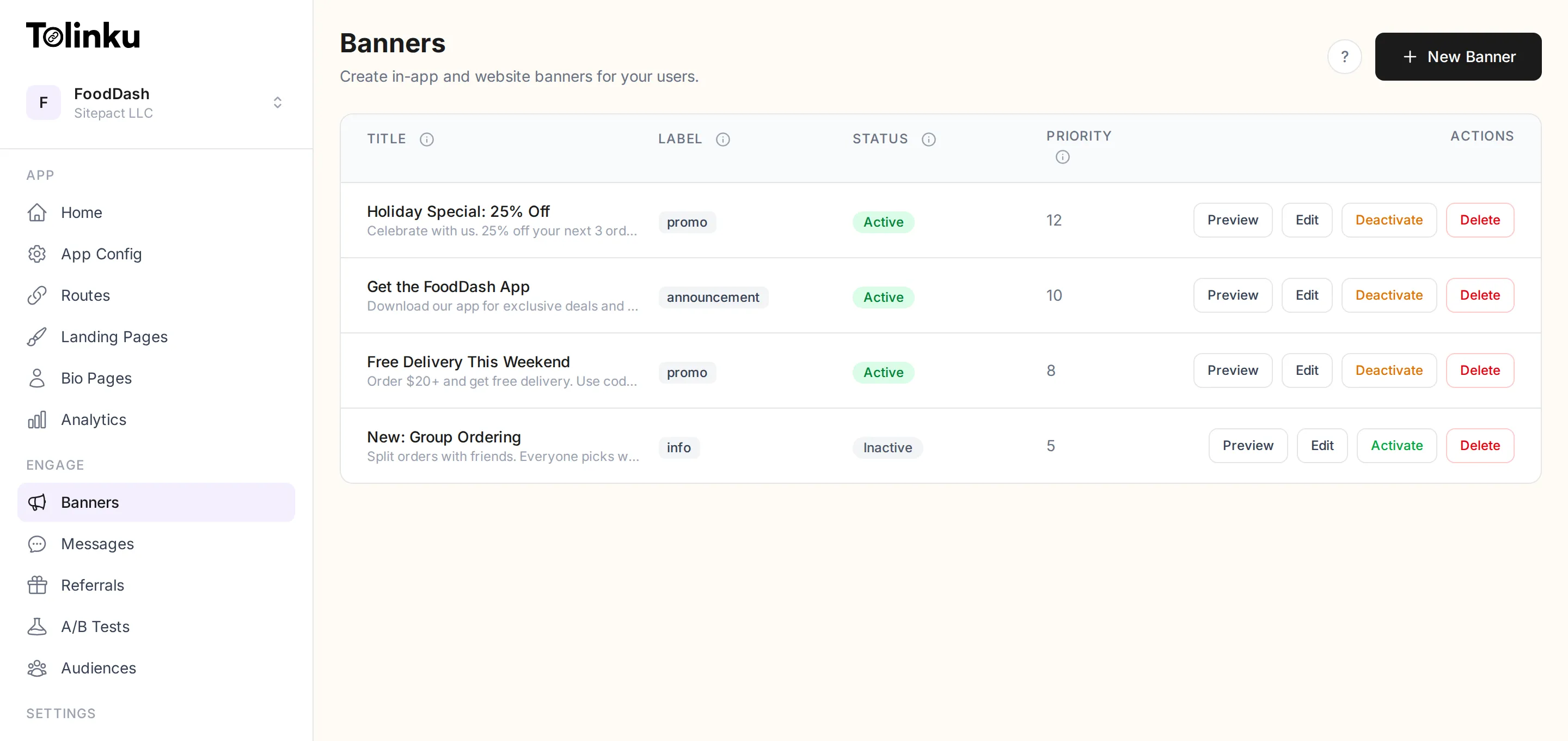 Banners list showing four smart banners with titles, labels (promo, announcement, info), active/inactive status, and priority values