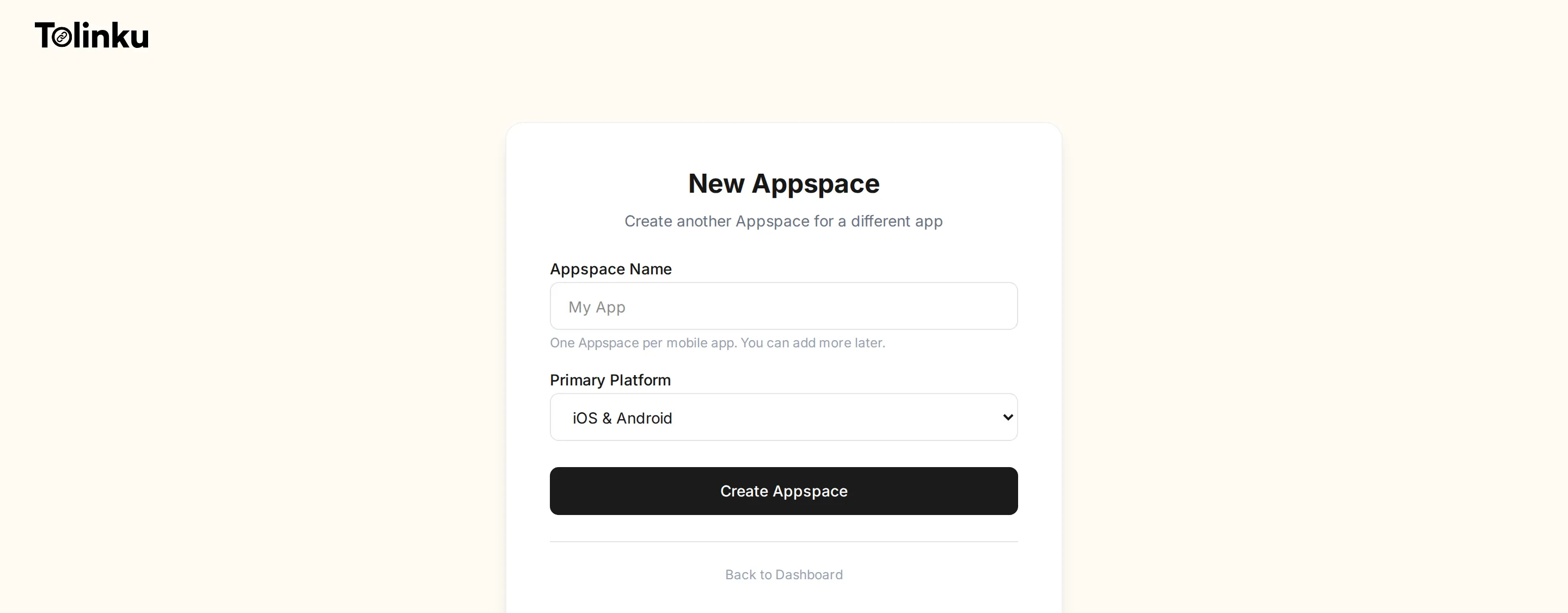 New Appspace onboarding form with fields for Appspace name and primary platform