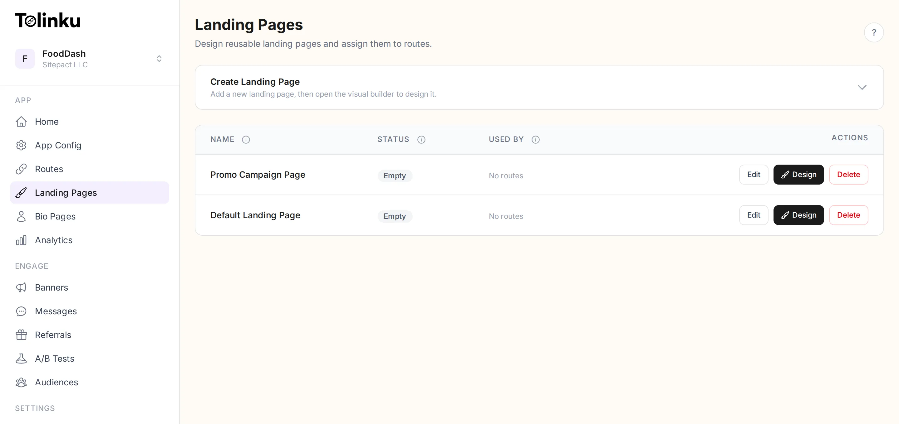Landing pages list showing two pages with status badges and Design buttons to open the visual builder