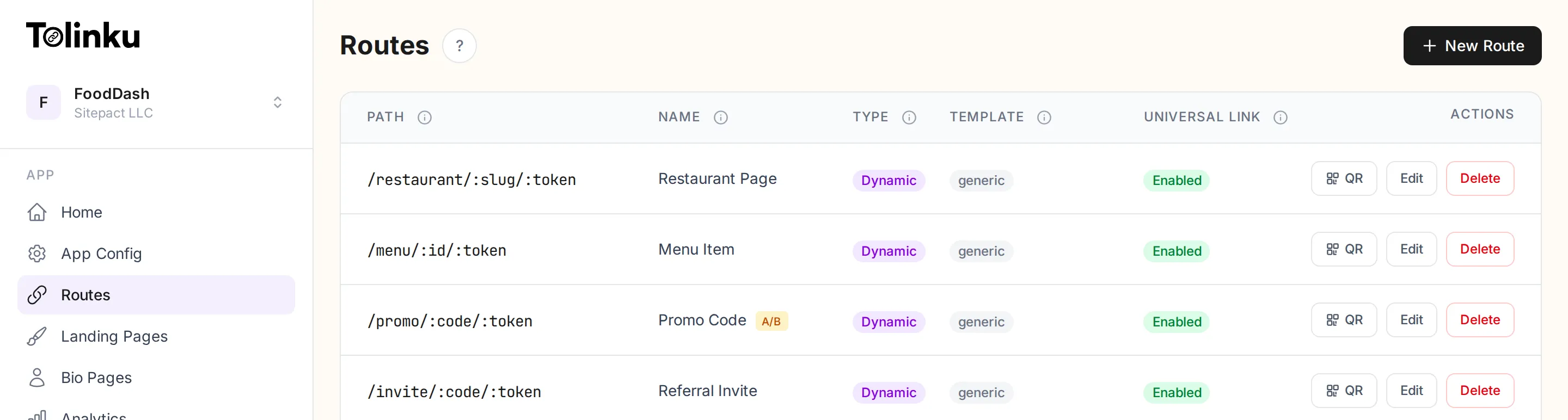 Routes list in the Tolinku dashboard showing static and dynamic routes with their prefixes, types, and status