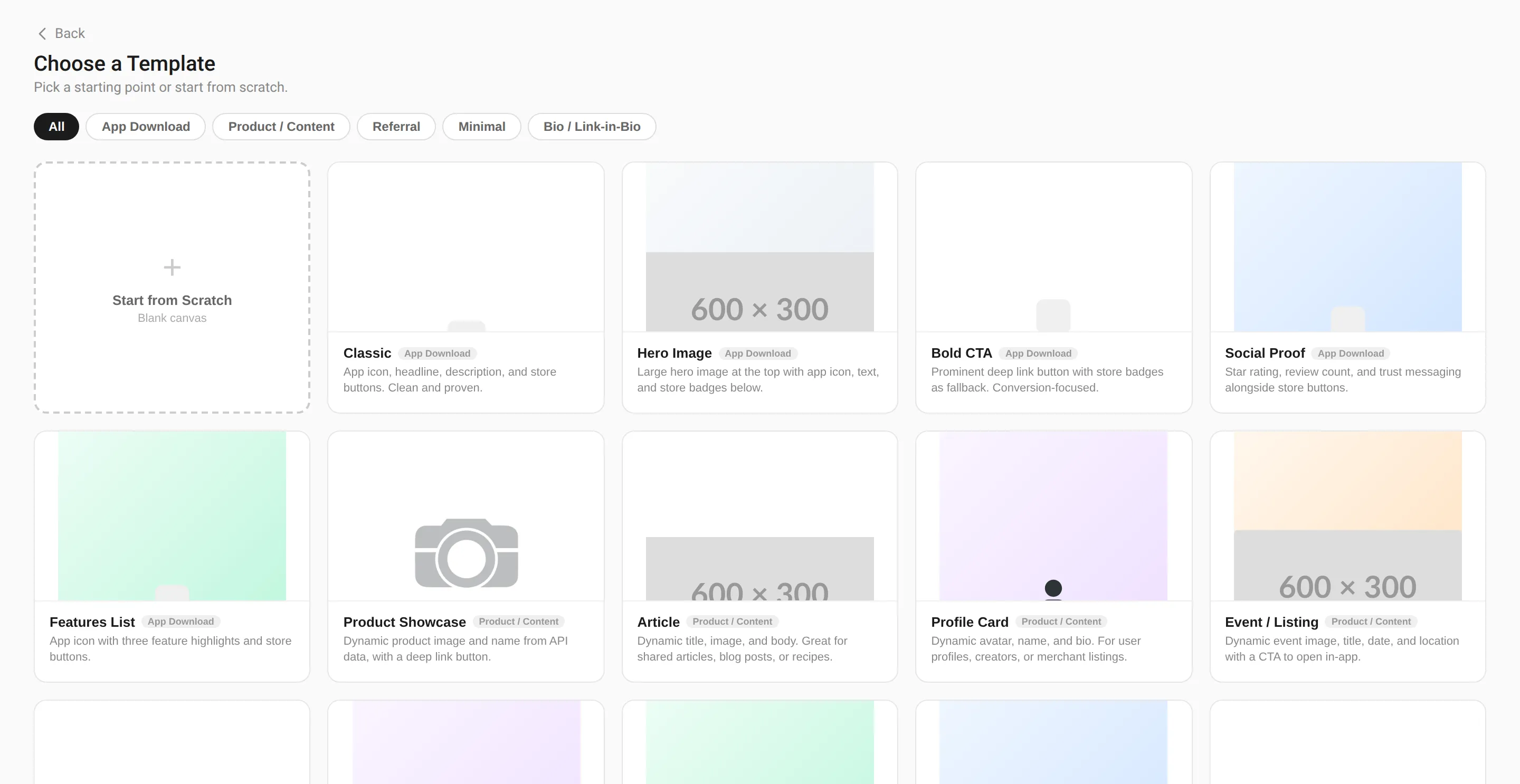 Template picker showing categories (App Download, Product/Content, Referral, Minimal, Bio/Link-in-Bio) and template cards including Classic, Hero Image, Bold CTA, Social Proof, Features List, and Product Showcase