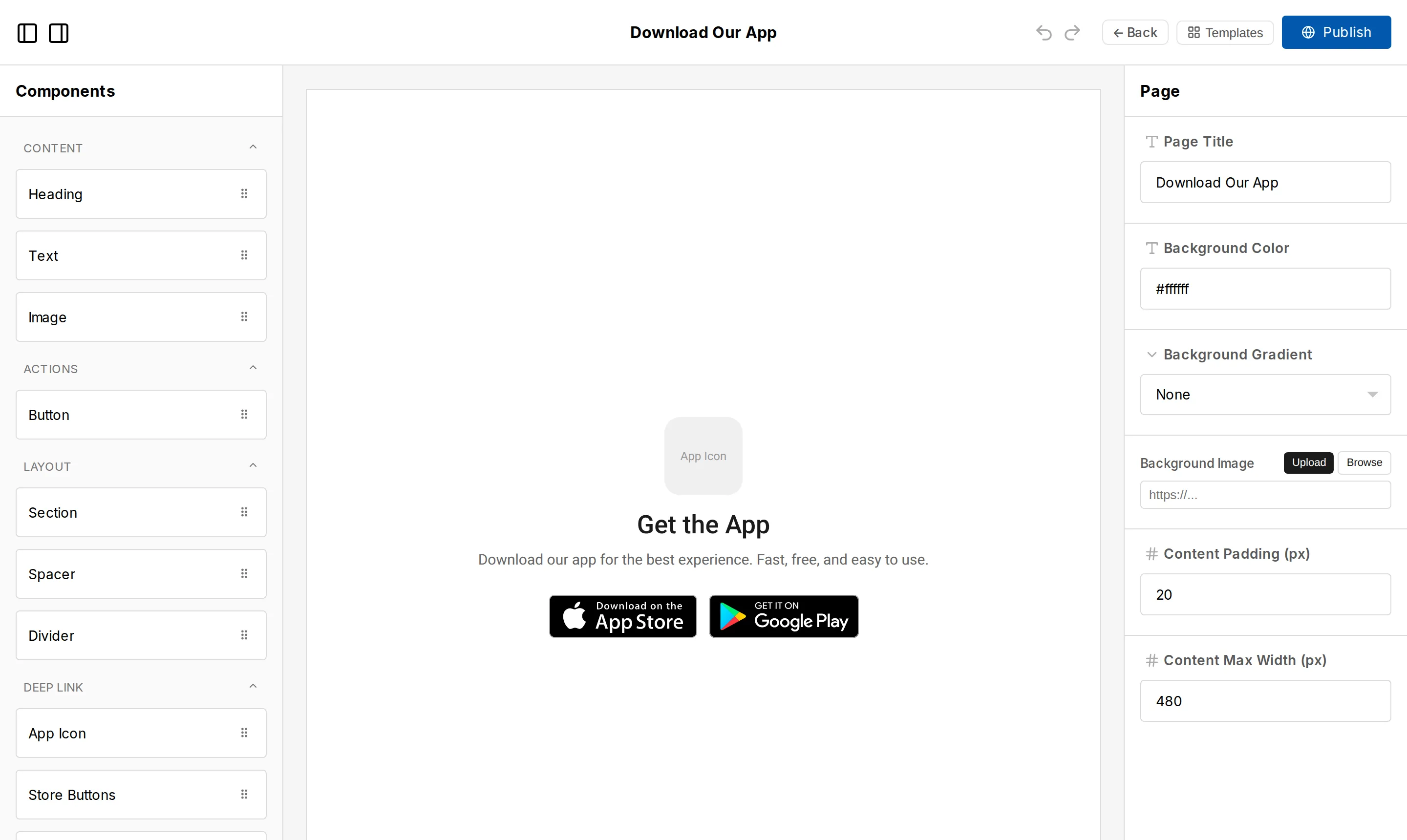 Visual builder showing a component library on the left, a landing page canvas in the center with app icon, heading, and store buttons, and page properties on the right