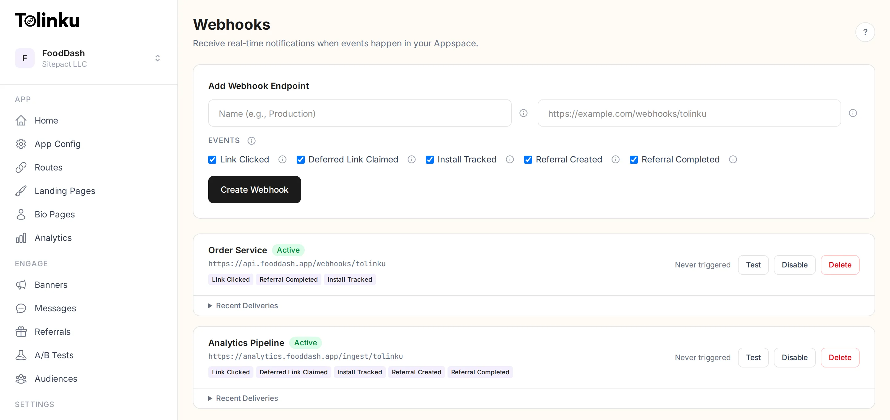 Webhooks page showing the creation form with event checkboxes and two existing webhooks with event badges and action buttons